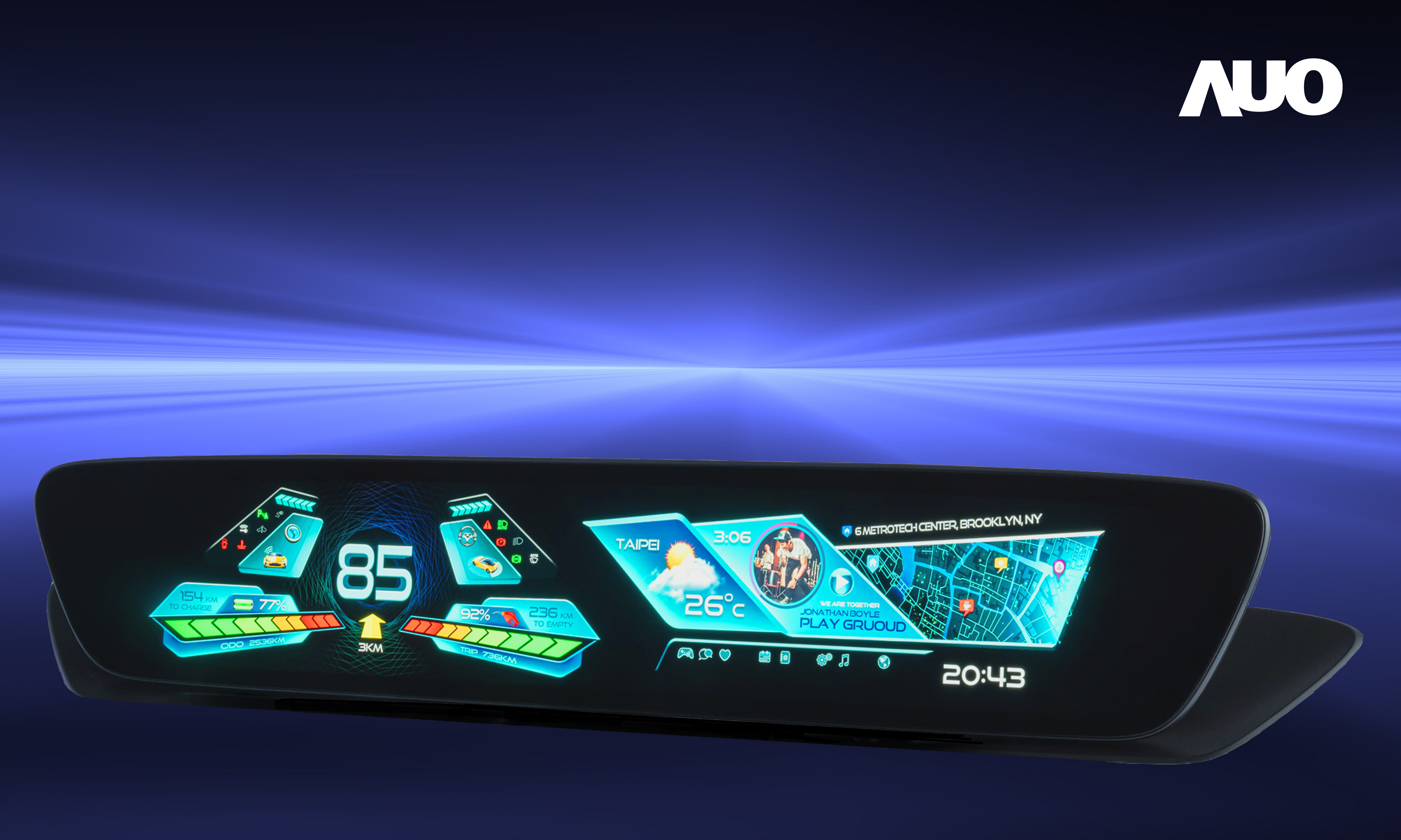 友達30.4吋異形曲面AmLED車載顯示系統，為一兼具儀表板及中控台人機介面的創新車載顯示系統，結合美學設計，提升車內科技沉浸感及使用體驗，讓車載顯示的未來應用更加多元化