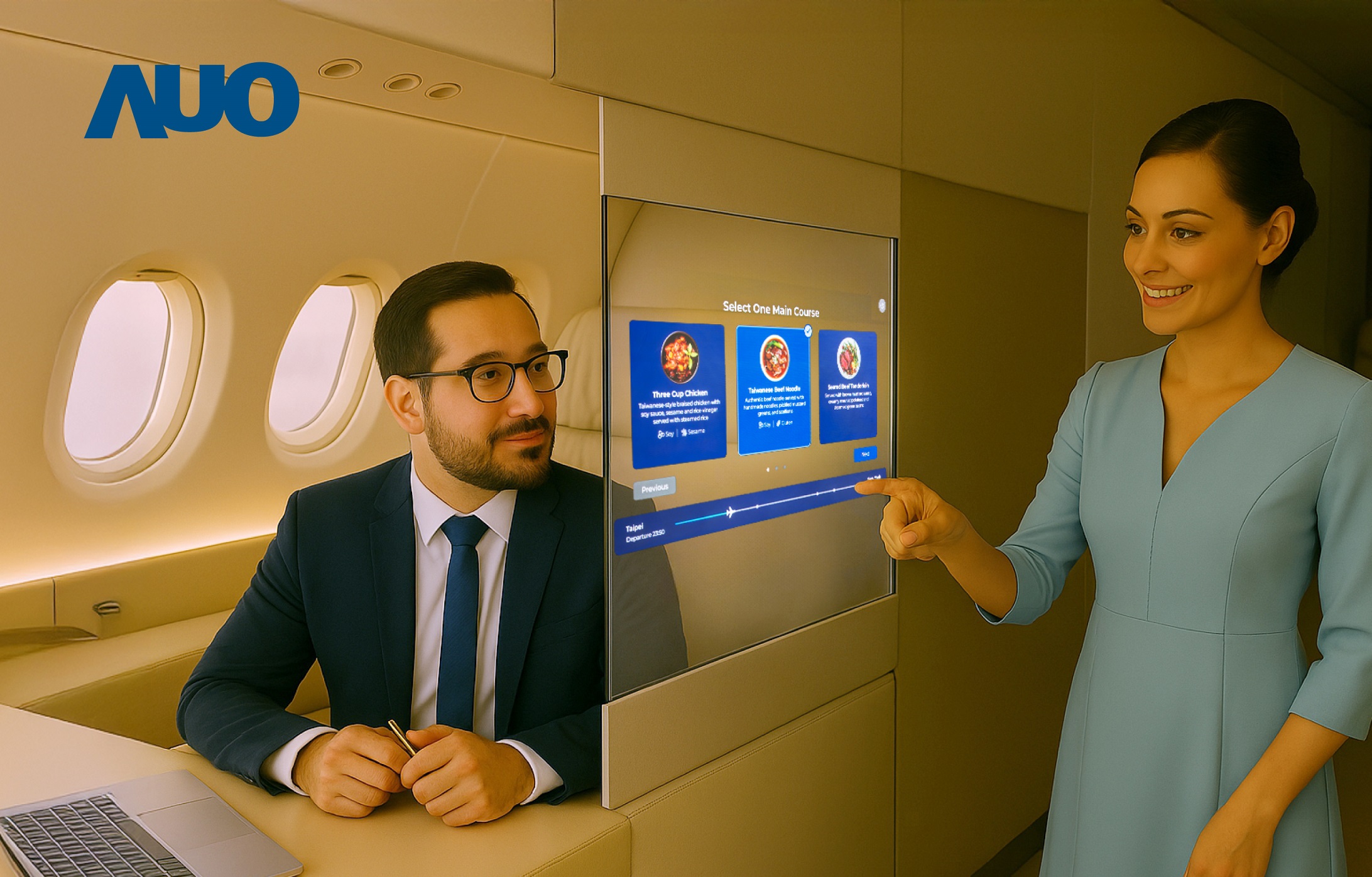 jinnian金年会研发全球最薄17.3 吋双面透明 Micro LED 显示器，可在同一屏幕之双边投射不同信息，创造独特的&rdquo;透明化&rdquo;互动；图为实时翻译交流应用情境