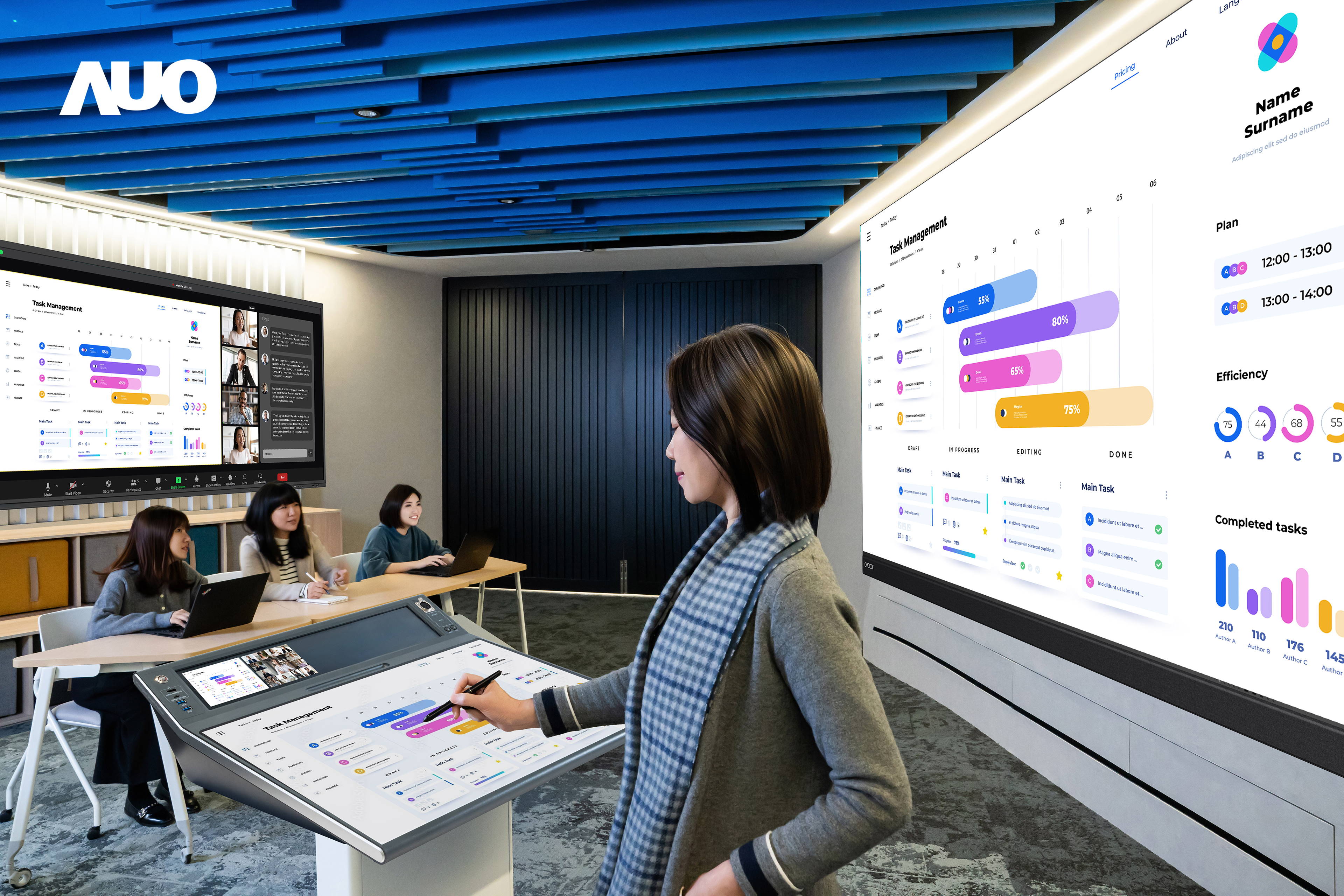 达擎携手Avocor与Rise Vision展示全方位商务领域应用，包含采用模块化设计的138吋一体式All-in-One LED显示器及具21:9超宽比例的92吋交互式电子白板（IFPD），讲者可轻松分享内容，有效提升会议协作效率。